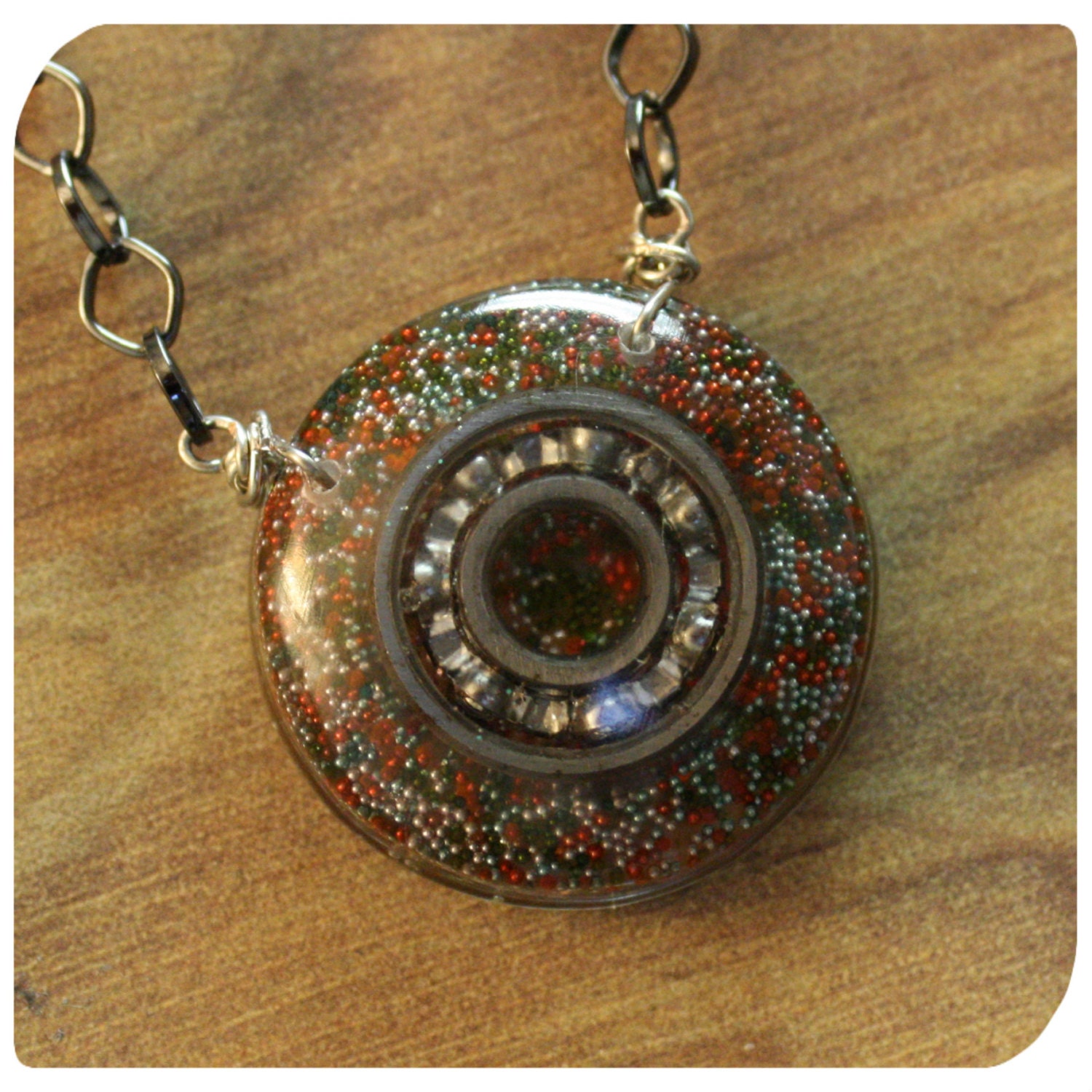 BEARING NECKLACE - Rainbow Glass Microbeads and Silver Bearing - handcast resin pendant