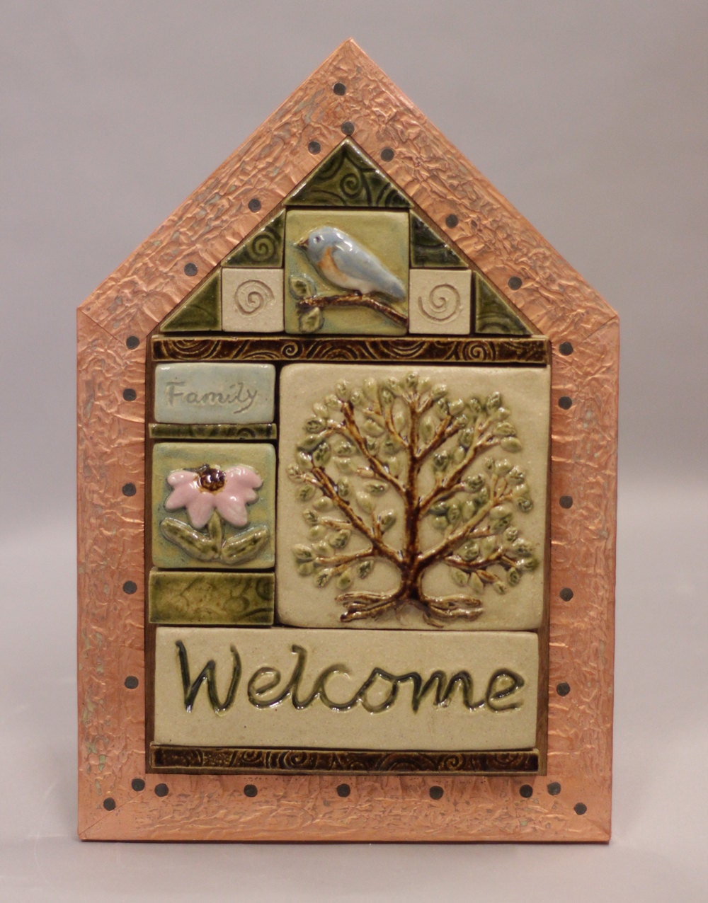 Handmade ceramic house shaped welcome tile mural 8x12"