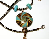Handmade Polymer Clay Pendant Necklace Art Jewelry Swirled Lentil Bead Focal Seed Beads Copper Metal Heart Charm Faux Turquoise Nuggets