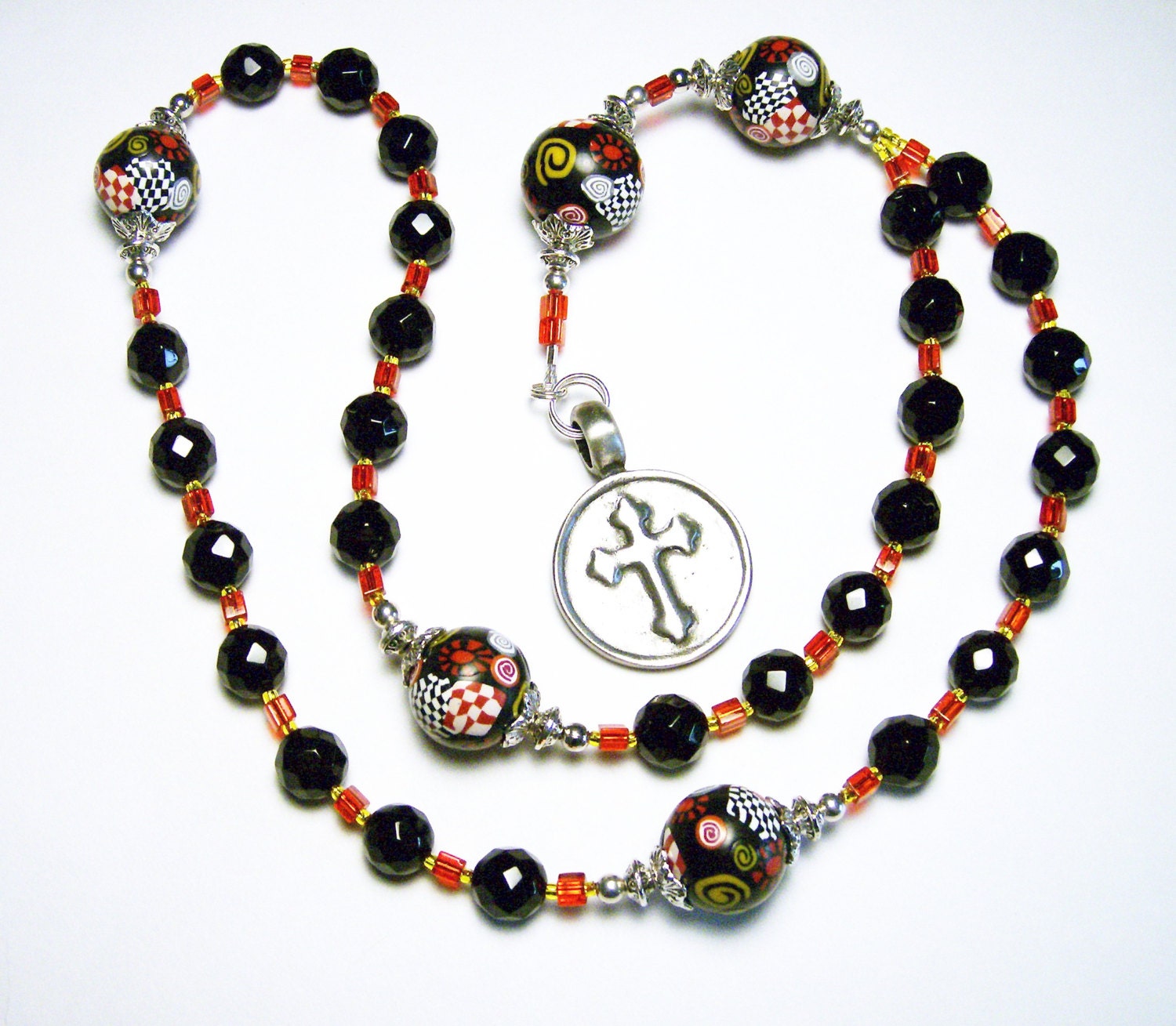 Anglican Protestant Prayer Beads Rosary Black Onyx Handmade Polymer Clay Canework Metal Disc Cross Everything Else Religious