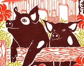 Two Pigs - Letterpress Block Print