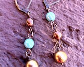 Antique Brass lever back Dangle earrings with Turquoise, gold topaz and bronze czech glass