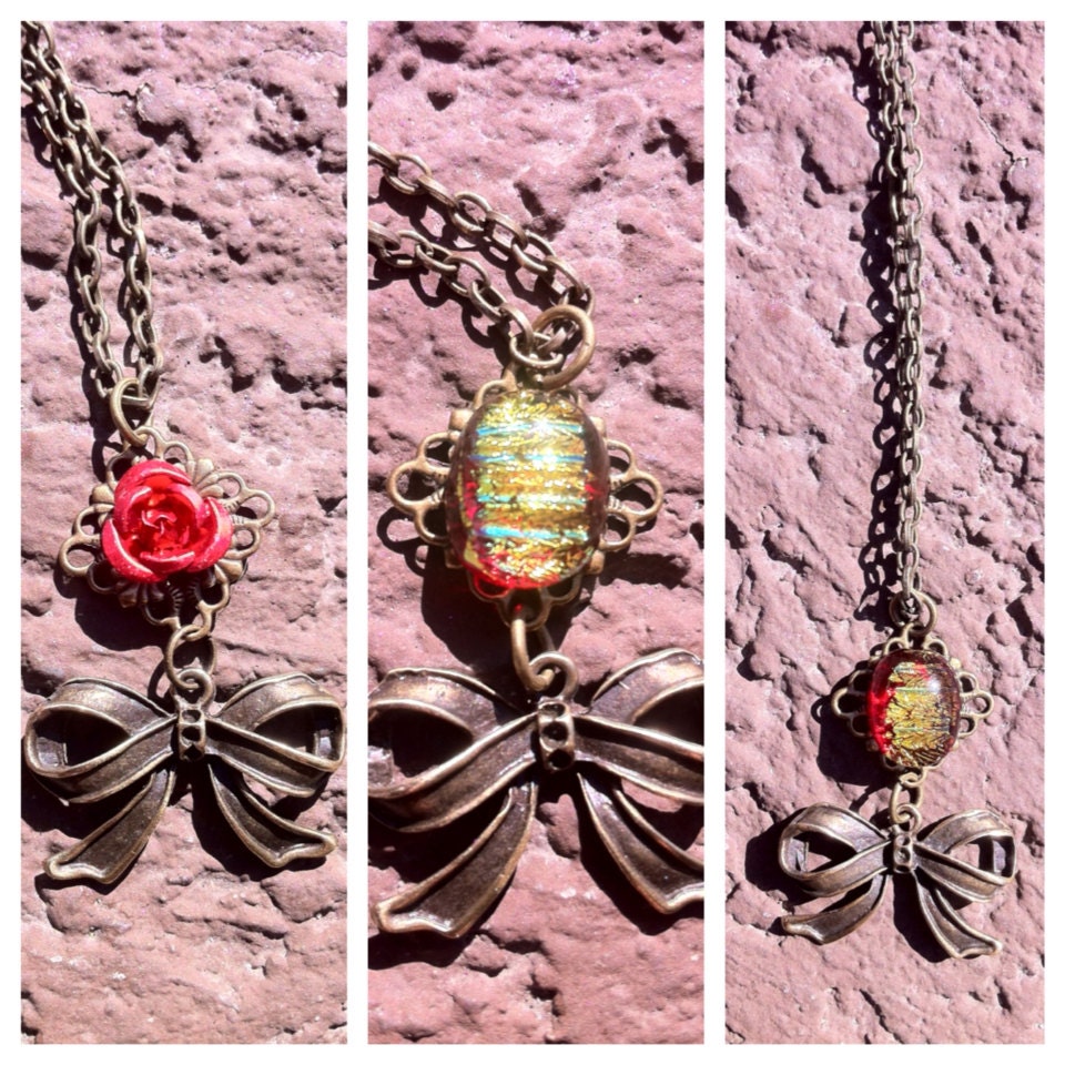 16" Red and Gold Dichroic Glass Cabochon Necklace with a bow