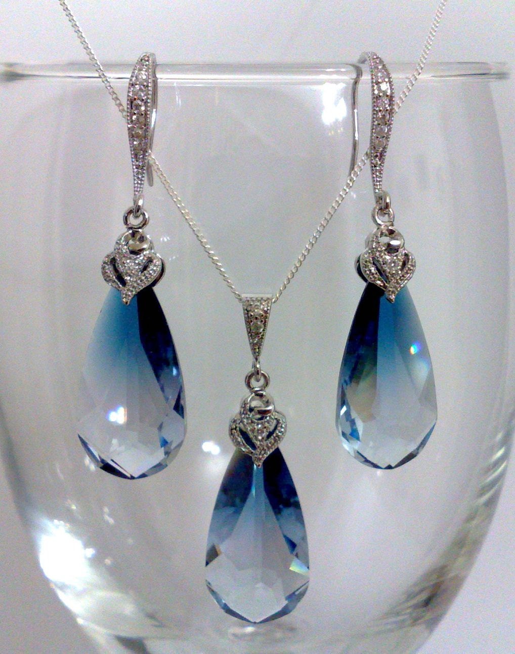 Something Blue Beach Wedding Jewelry, Ombre Navy Bridal Party Earrings, Teardrop Necklace, OCEAN BLUE SET