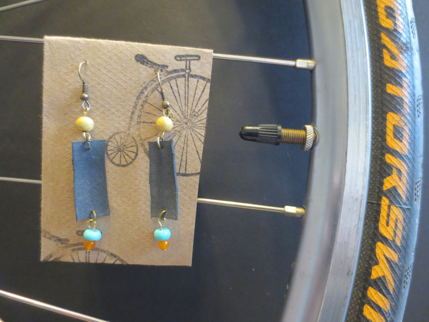 Recycled Bicycle (bike) Tube Feather Earrings with Gemstone and Wood bead