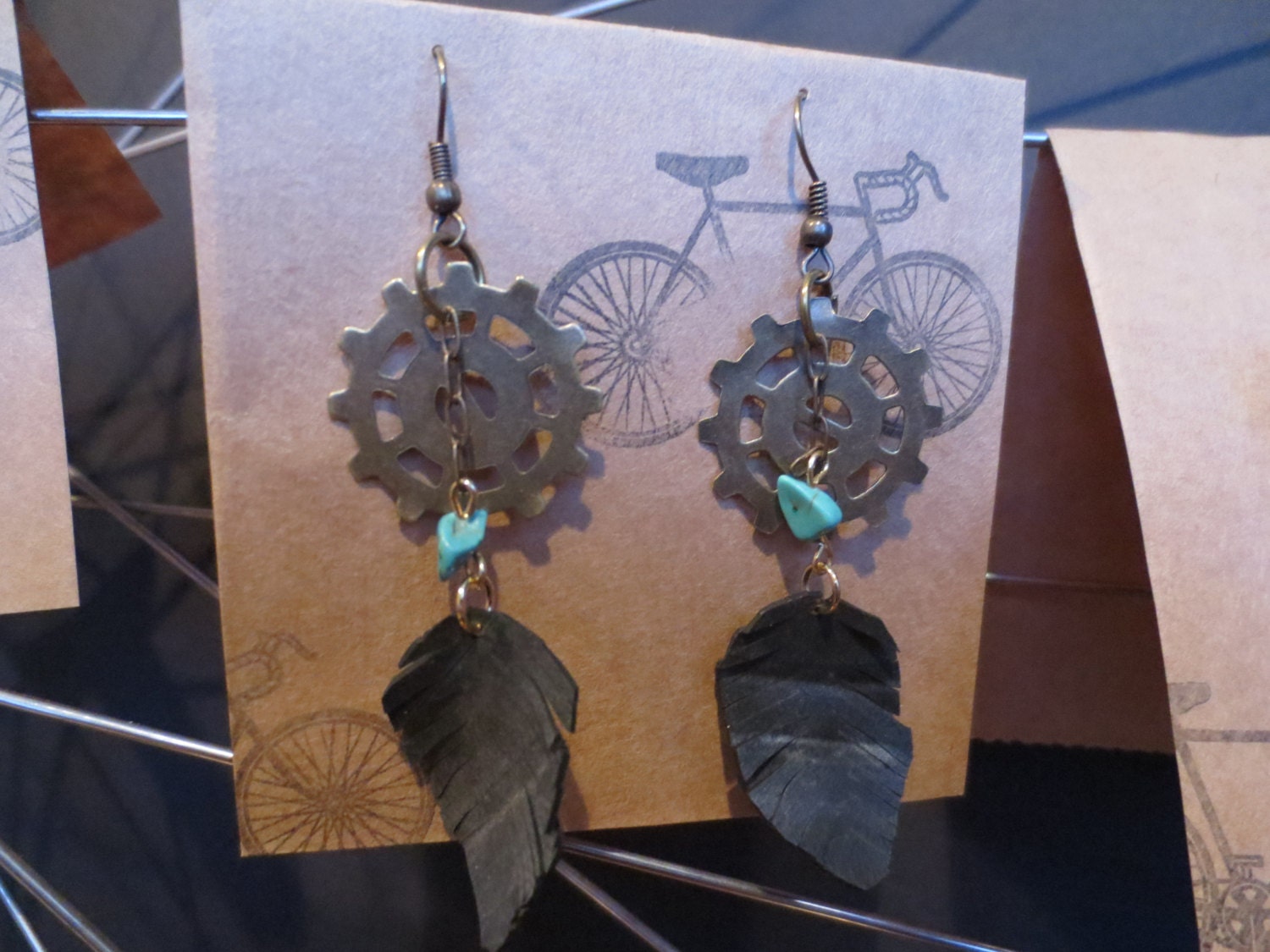 Recycled Bicycle (bike) Tube Feather Earrings with Gear and Turquoise Bead
