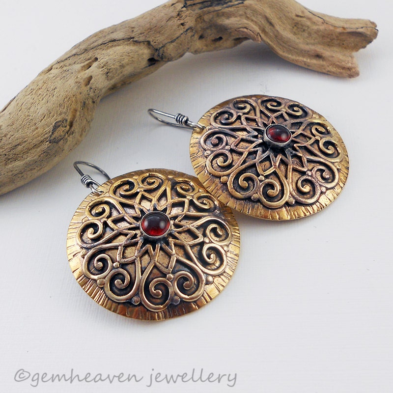 Tribal statement earrings in brass, sterling silver and Garnet cabochons- Gladiatrix XVIIII -