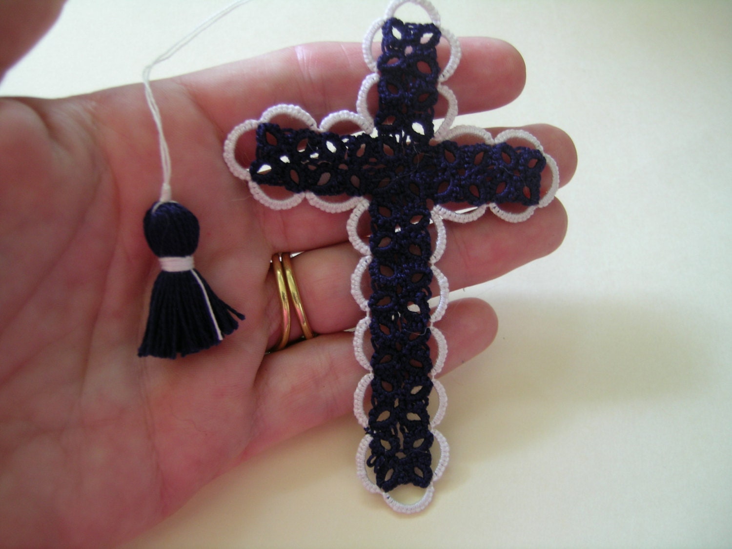 Bible Bookmark  Navy and White Tatted Cross Handmade Tatting  FREE SHIPPING