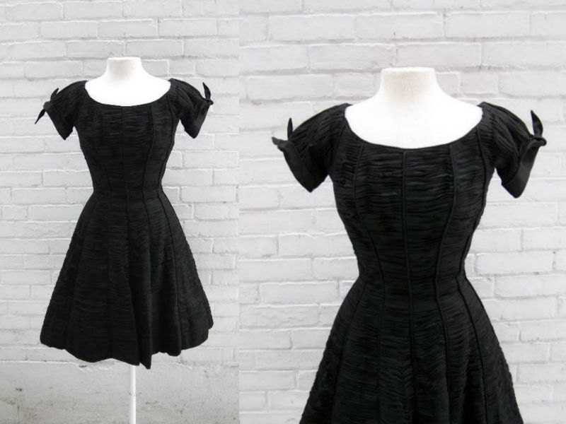 Rare 1950s SYBIL CONNOLLY Designer Black Pleated Linen Evening Dress