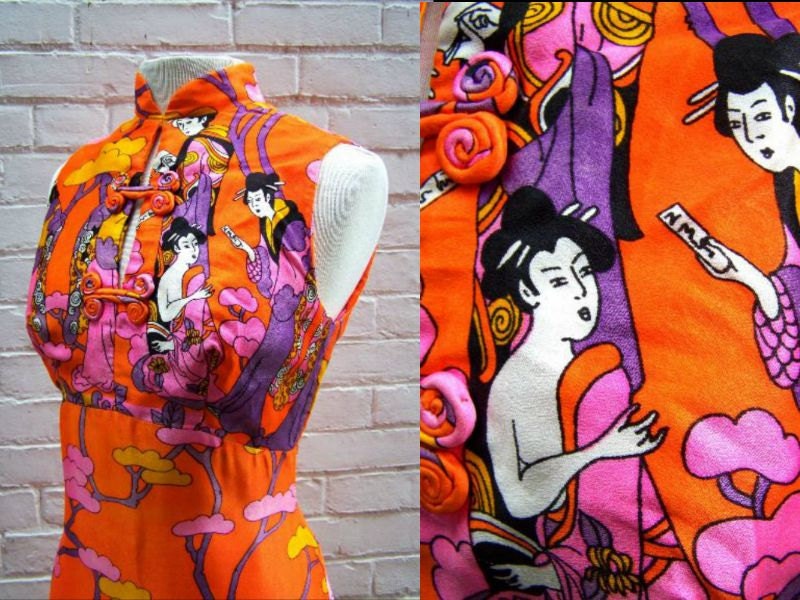 1970s Japanese Geisha and Tree Print Bright Orange Maxi Dress