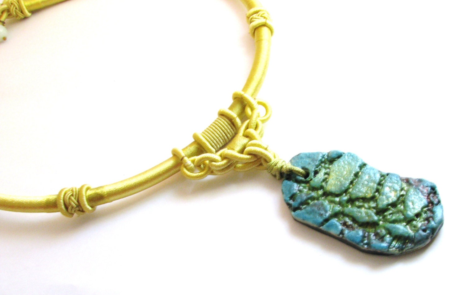 Blue Green Fired Ceramic Raku Pendant Necklace on Chartreuse Green Macrame Rayon Adjustable Cord - Leatherback