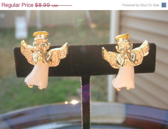 Summer Sale Vintage Gold Enamel Painted Guardian Angel Clip On Earrings