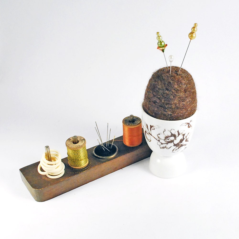 Pin cushion needle felted egg in a gorgeous antique egg cup