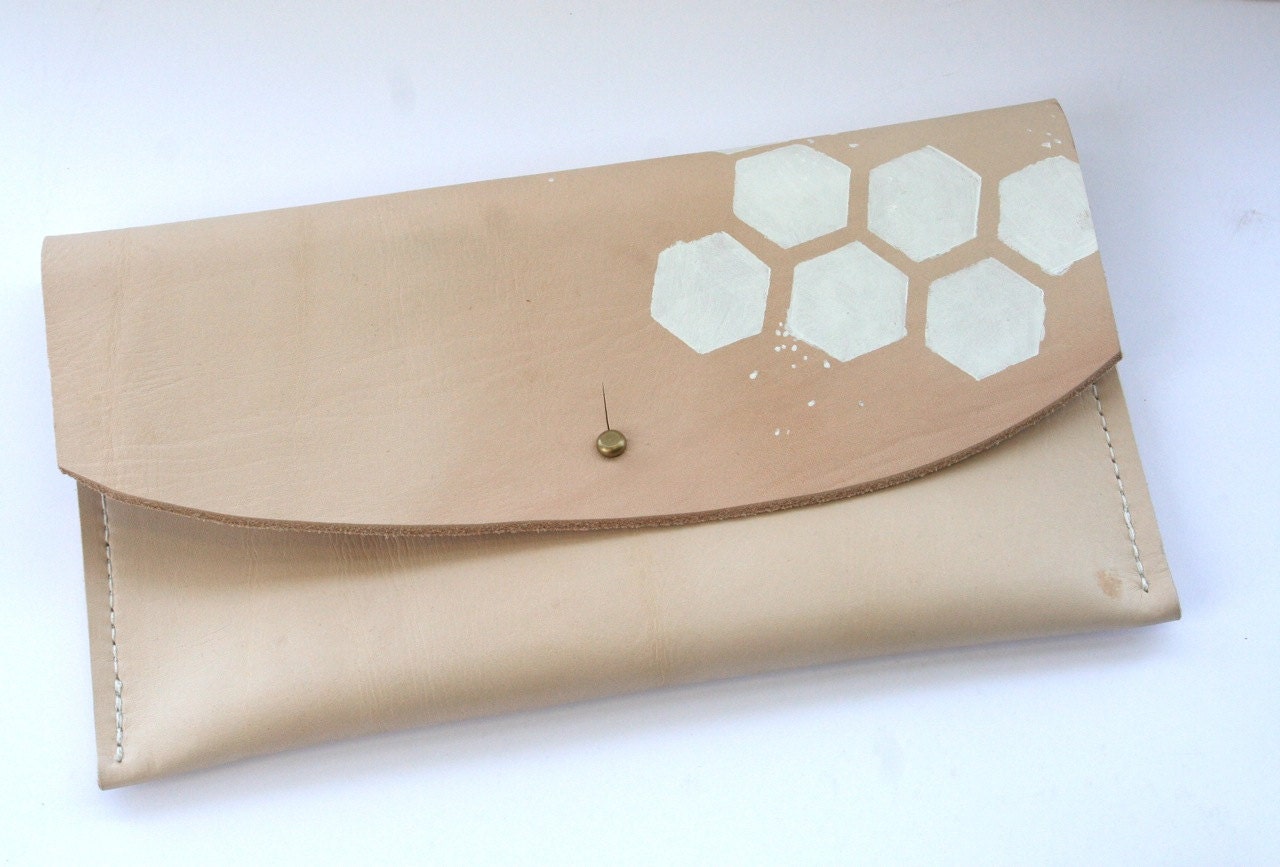 Hand Painted Natural Leather Envelope Clutch with Brass Stud Closure