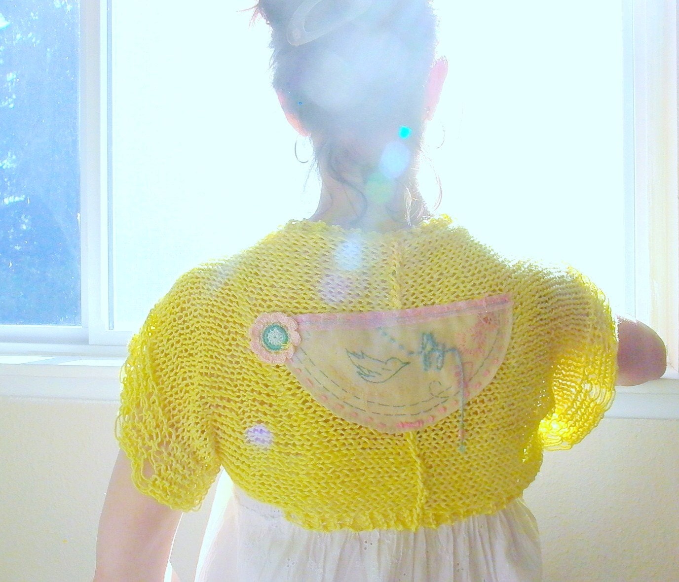 one day i'll fly toward the sun. yellow cotton knit shrug . eco friendly womens spring summer fashion . hand embroidery vintage tea towel