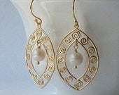 Pearl Gold Tear drop Earrings,  Pearl Dangle Earrings