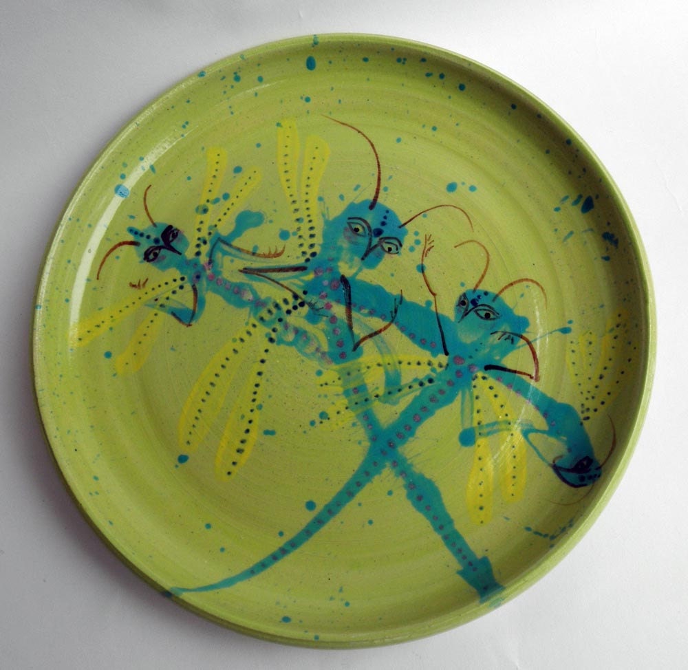 Plate with Fairy Dragonflies in Chartreuse Green and Turquoise Stoneware- 7.75 inch