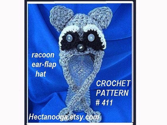 CROCHET PATTERN Hat num. 411, RACOON Ear-Flap Hat, crochet supplies  baby to adult sizes, permission to sell your hats