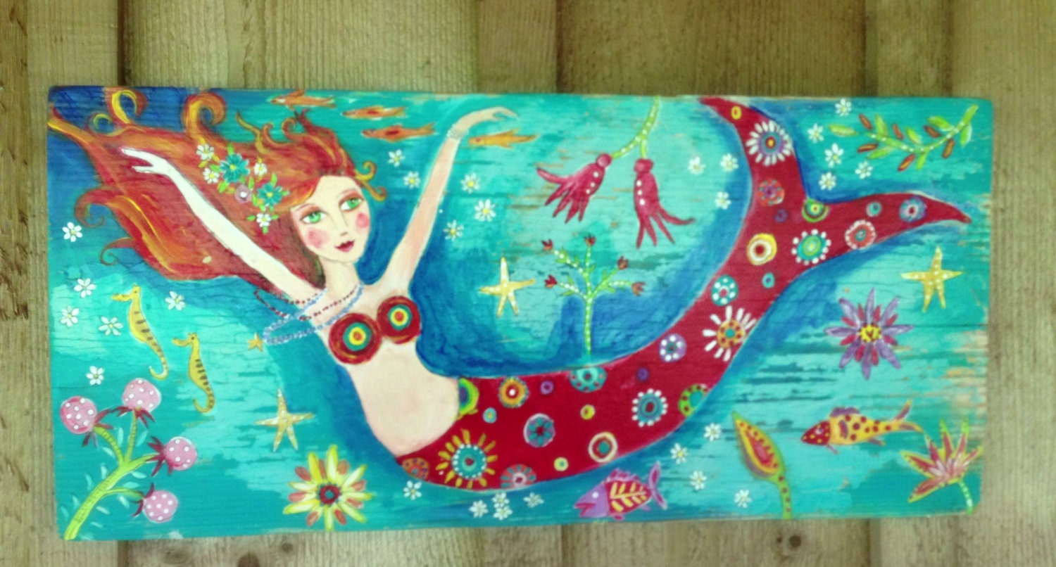 Mermaid Folk Art on Reclaimed Wood Beach Decor