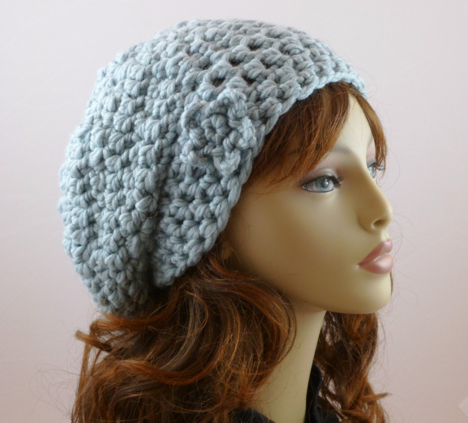 Chunky Wool Blend Womens Slouch Beanie with Flower Embellishment - Hand Crocheted