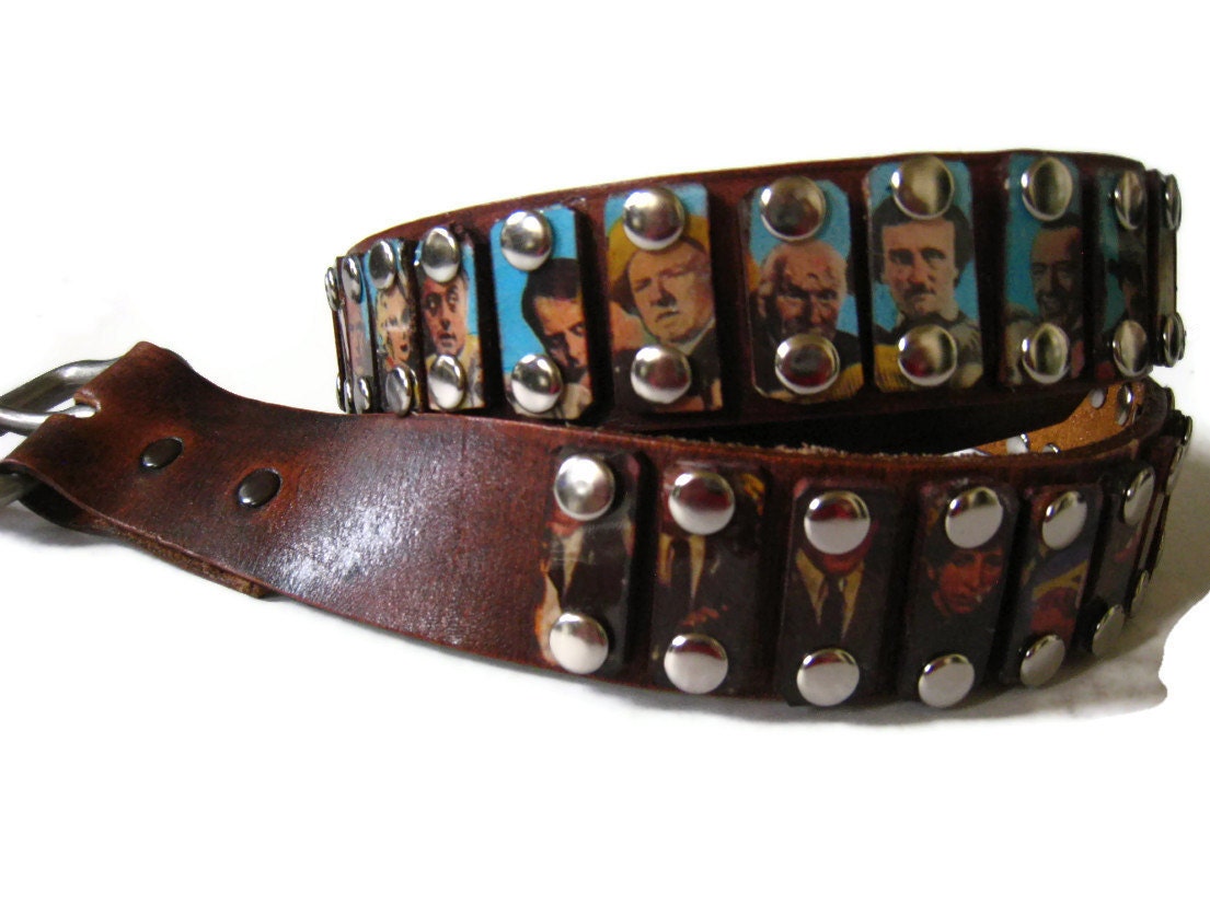 Studded leather belt featuring an art mosaic made from actual salvaged Beatles Sgt. Pepper record album cover
