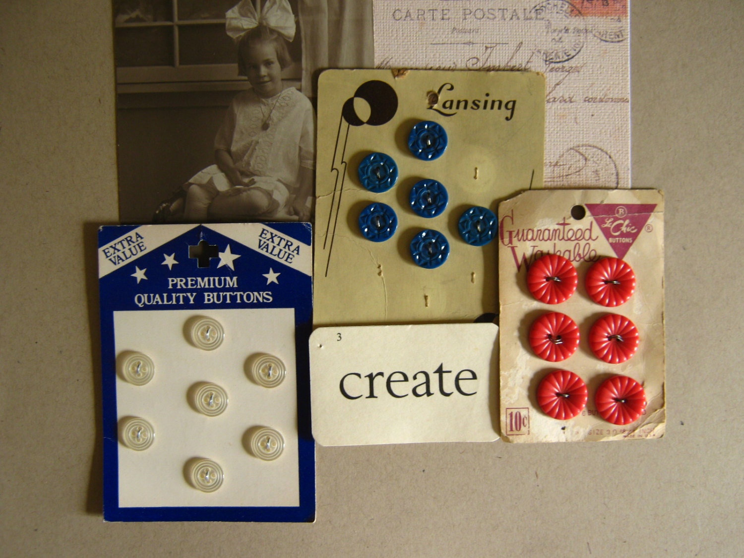Vintage Buttons, Three Original Cards, Red White Blue Plastic Buttons
