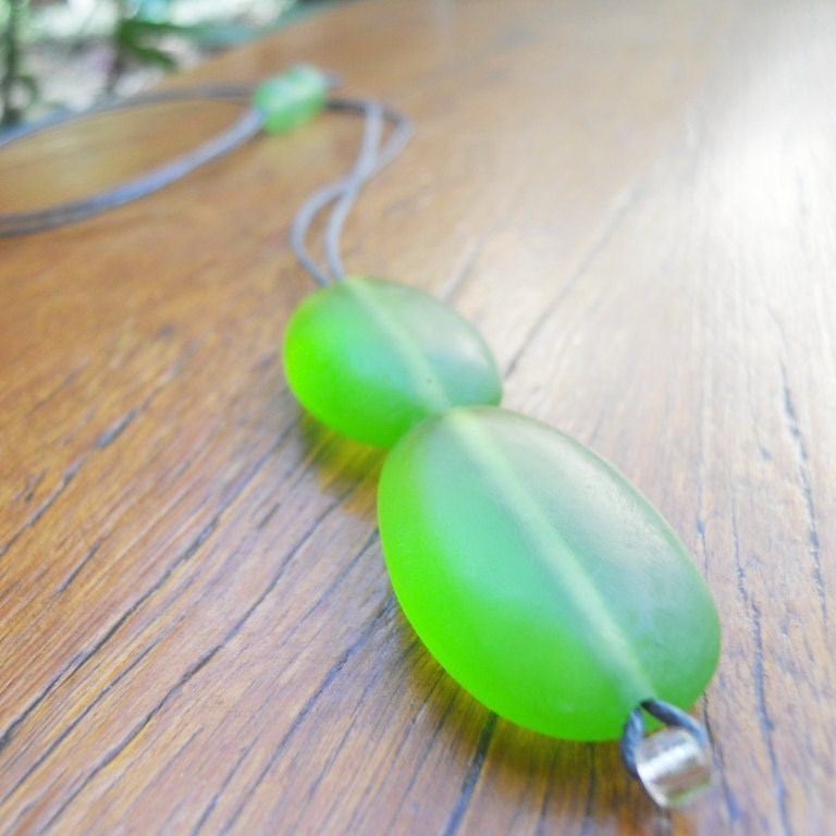 Resin bead necklace juicy lime green double drop ovals on cotton cord