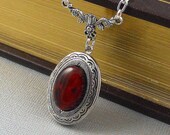 Paua Ruby Red Silver Locket, Victorian Inspired Oval Cabochon,  Romantic Botanical Locket-  PRINCESS