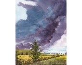 Cloud painting original Watercolor  Landscape painting Tree Clouds Cloudscape field trees  realism art 5x7 on paper