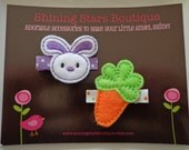 Felt Hair Clips - Hair Accessories - Embroidered Felt Lavender And White Easter Bunny And Orange Carrot Boutique Hair Clippie Set For Girls