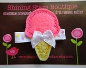 Felt Hair Clips - Hair Accessories - Embroidered Felt Hot Pink And Yellow Ice Cream Cone Hair Clippie