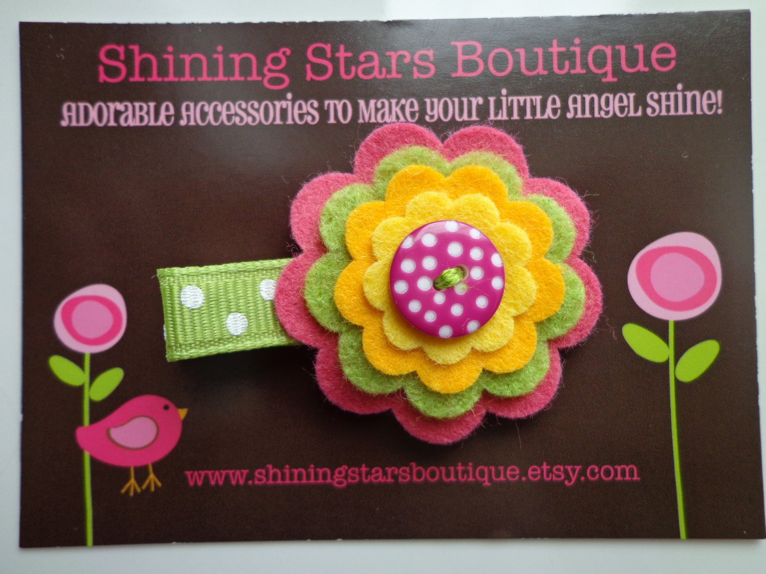 Hair Accessories - Raspberry Rose Pink, Lime Green, Golden Yellow, And Yellow Layered Felt Flower Boutique Hair Clippie With Button Center