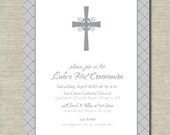 first communion invitation or baptism invitation - gray with cross