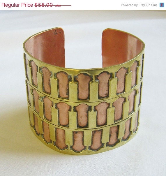 ON SALE Vintage Copper with Brass Overlay Egyptian Revival or Aztec style Cuff Bracelet