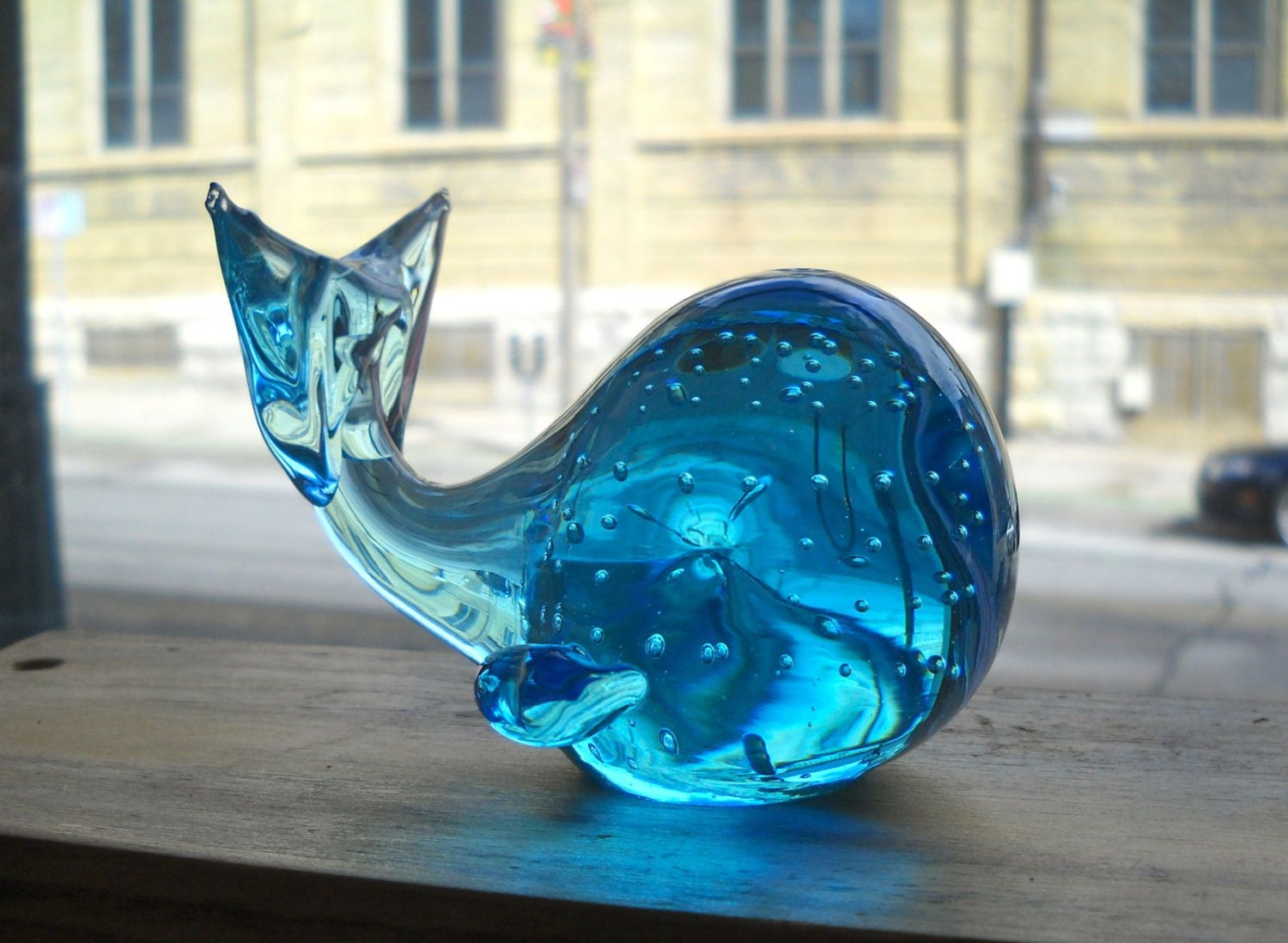 Blue Blown Glass Whale Paperweight