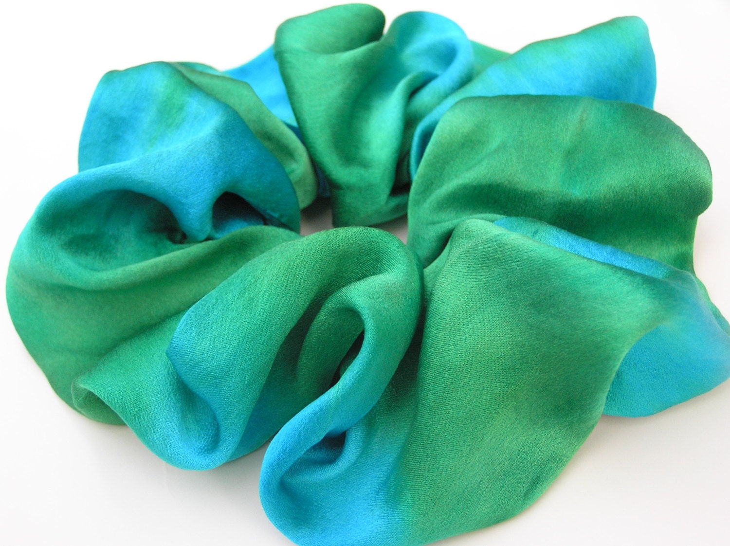 SILK Scrunchie, hand dyed, soft for hair, ponytail, silk, turquoise and emerald green