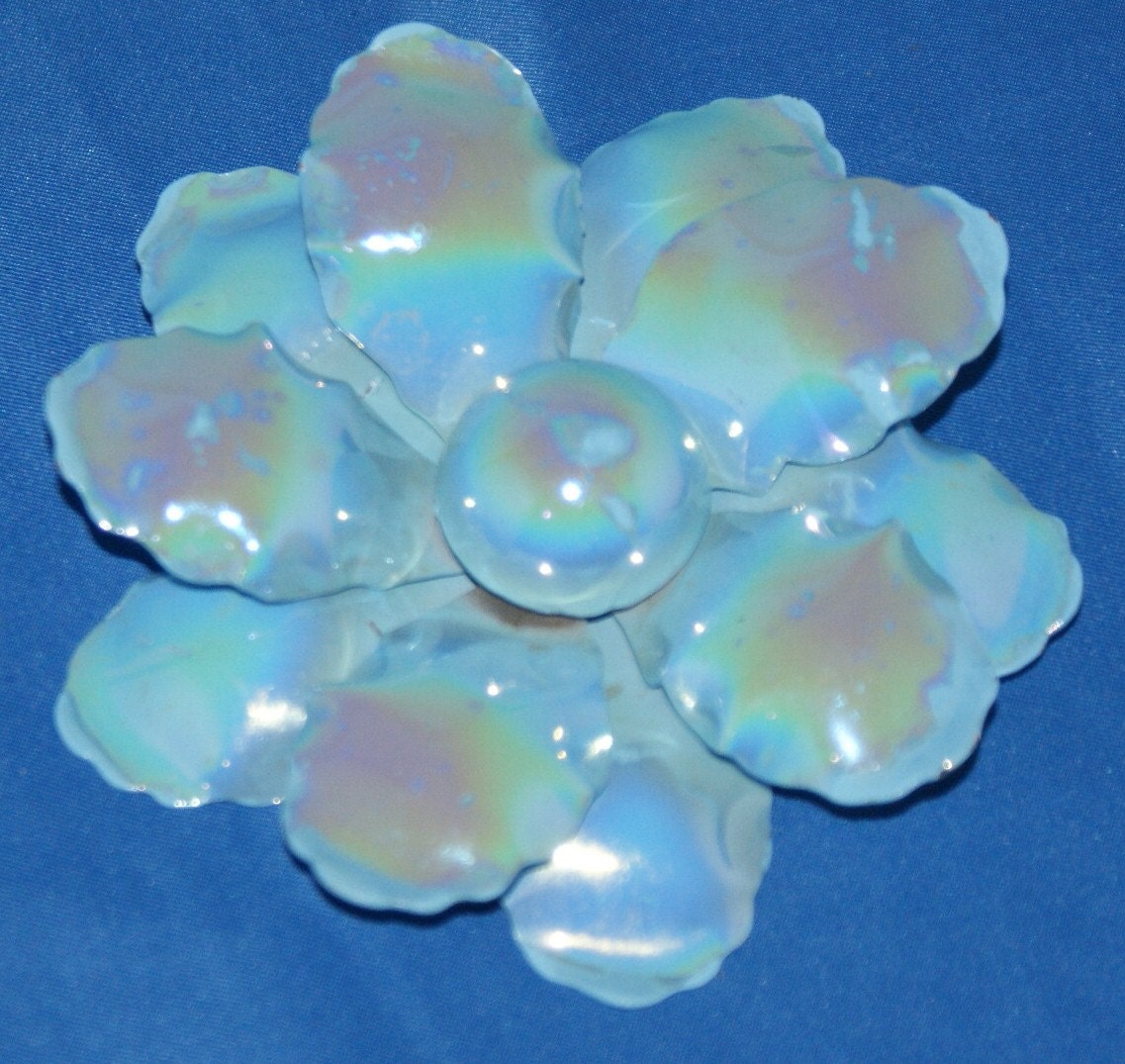 Pretty Blue Iridescent Metal Flower Pearl Brooch