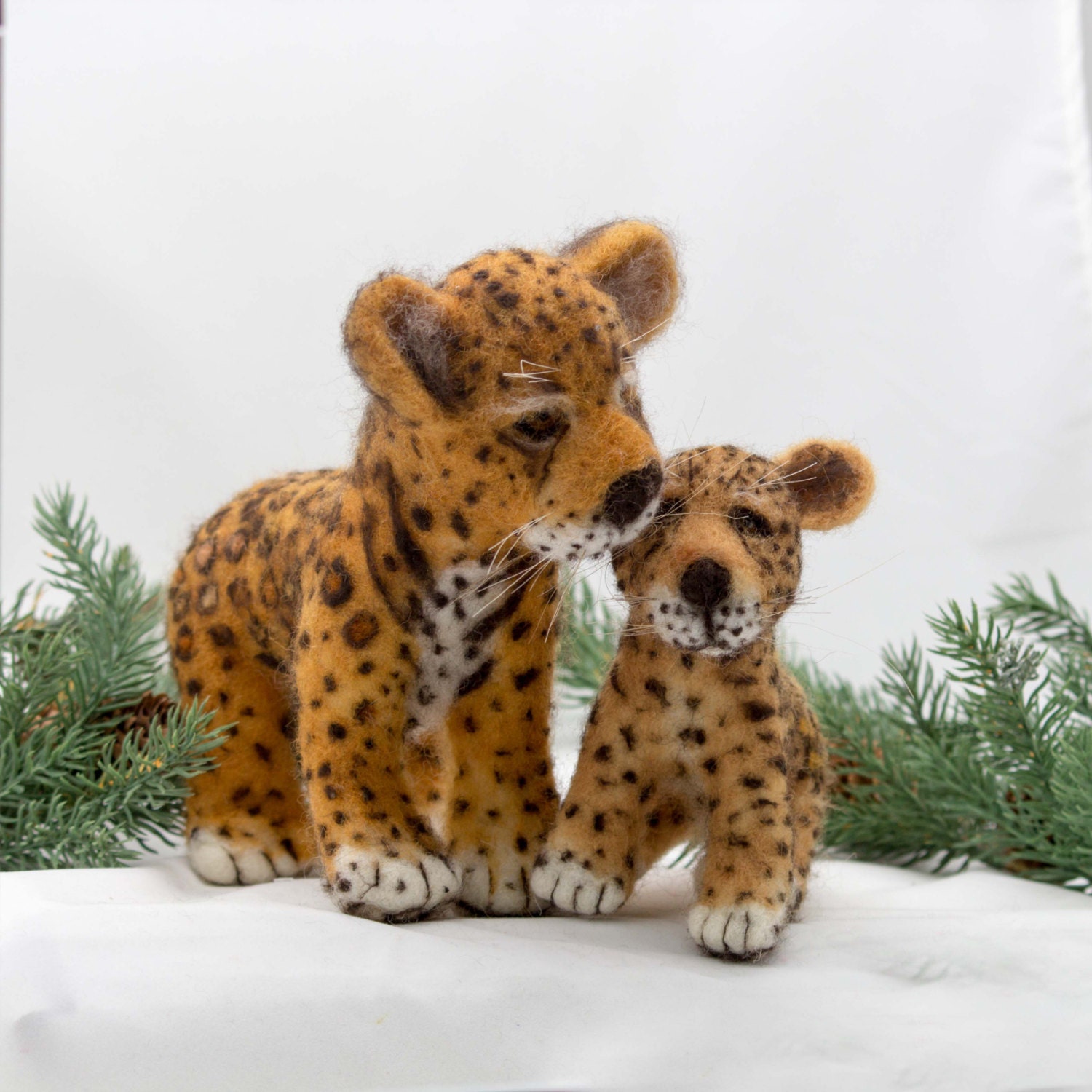 Needle Felted Jaguar And Cub Sculpture