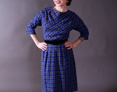 Vintage 1950s Dress - Smart Wool Day Dress in Blue and Grey Plaid