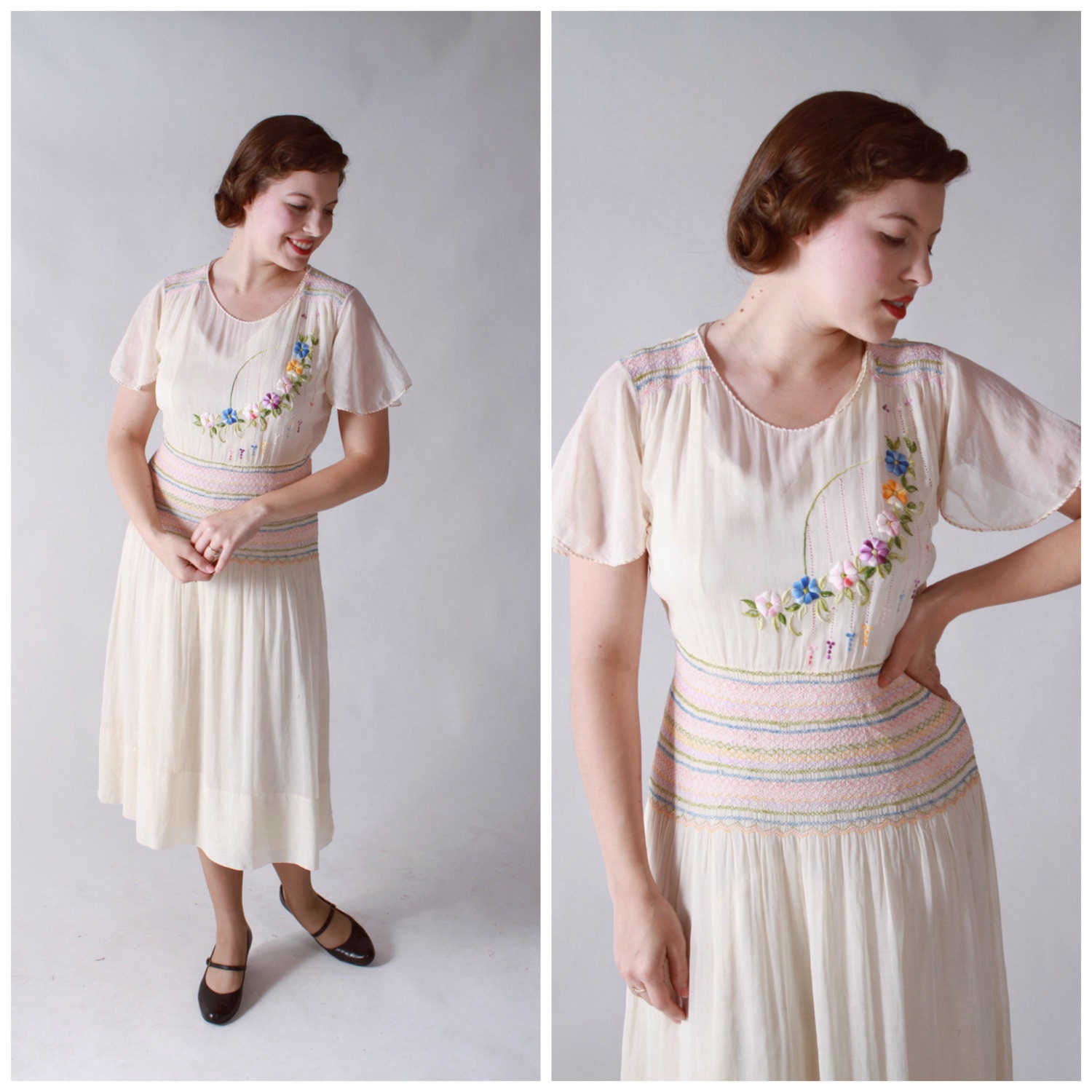 Vintage 1930s Dress - Rare Hungarian Peasant Dress in Sheer White Cotton with Pastel Embroidery and Smocking