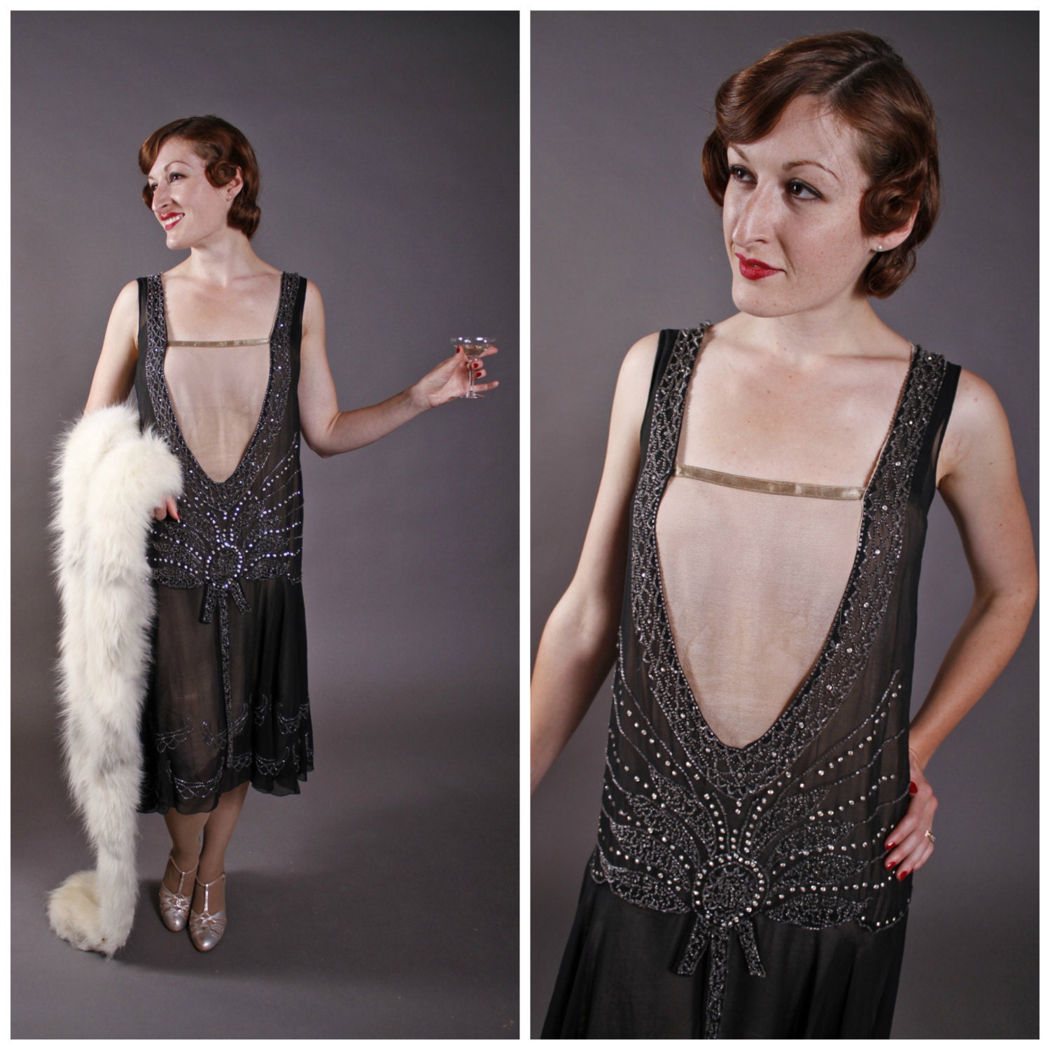 Vintage 1920s Dress - Gatsby Glamour Scandalous Beaded Silk Chiffon Flapper Party Dress