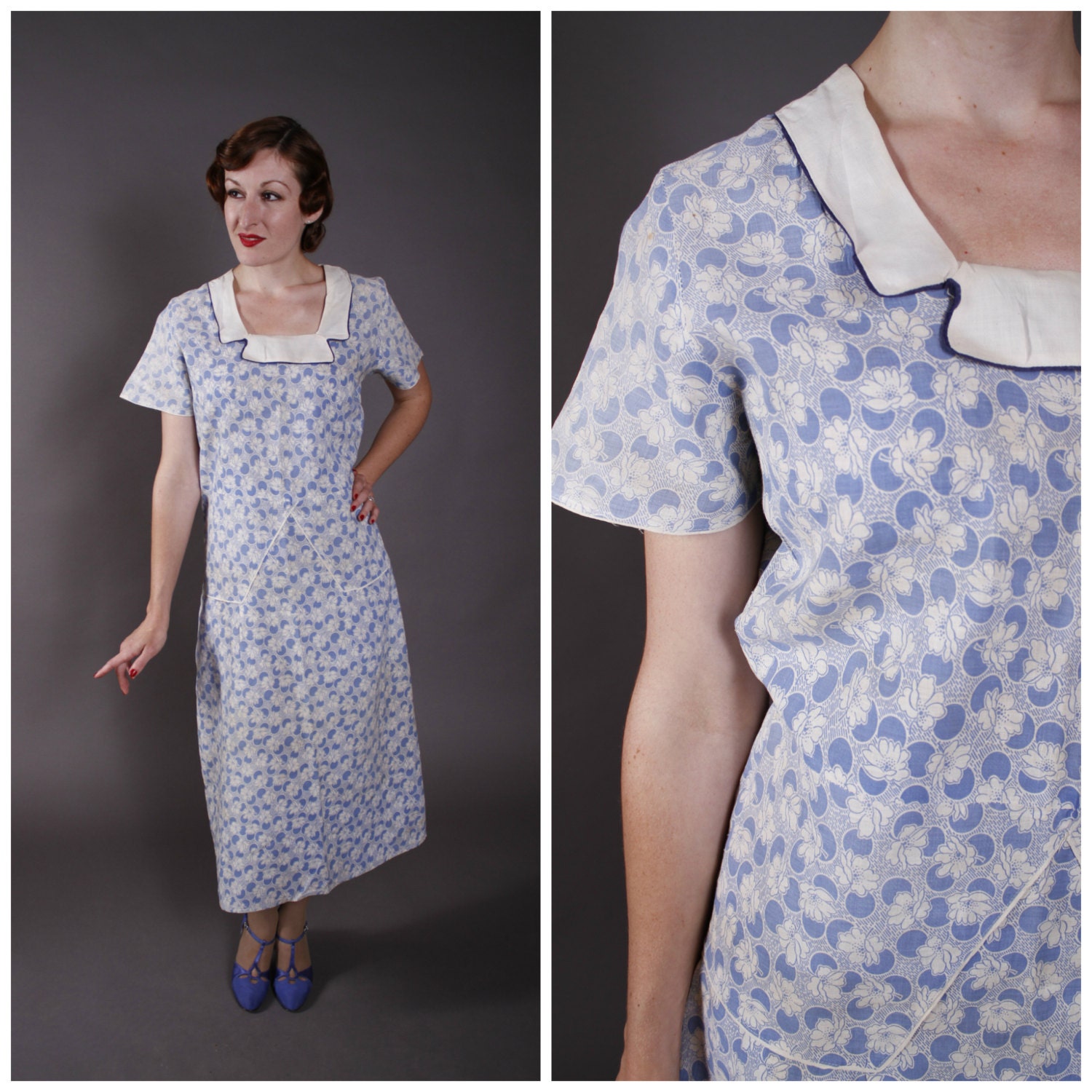 Vintage 1930s Dress - Late 20s / Early 30s Crisp Cotton Feedsack Day Dress