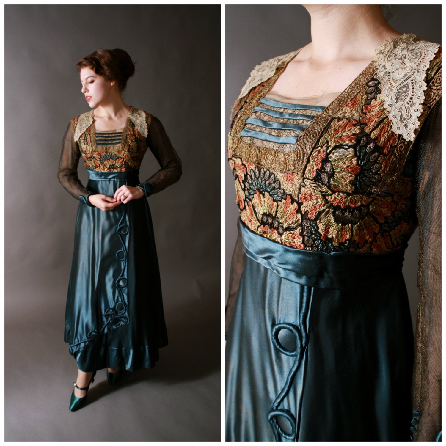 Vintage Edwardian Dress - Bold Teal Silk Dress with Colorful Embroidery and Metallic Lace c. 1915