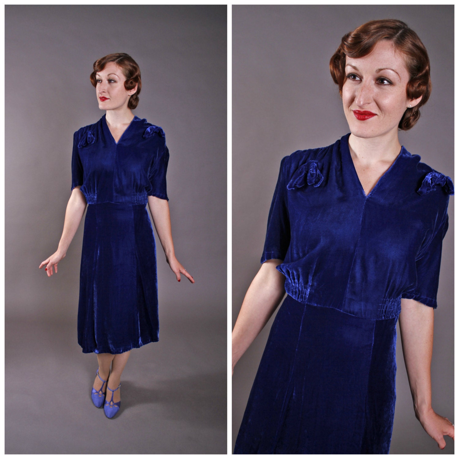 Vintage 1930s Dress - Late 30s Royal Blue Velvet Dress Size XXL