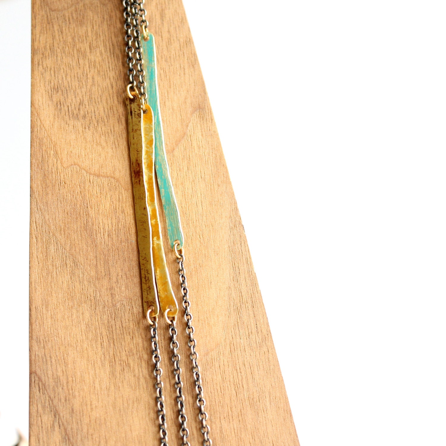 Distressed Mustard Patinaed Brass Bar Necklace - Rustic Boho Minimalist Jewelry
