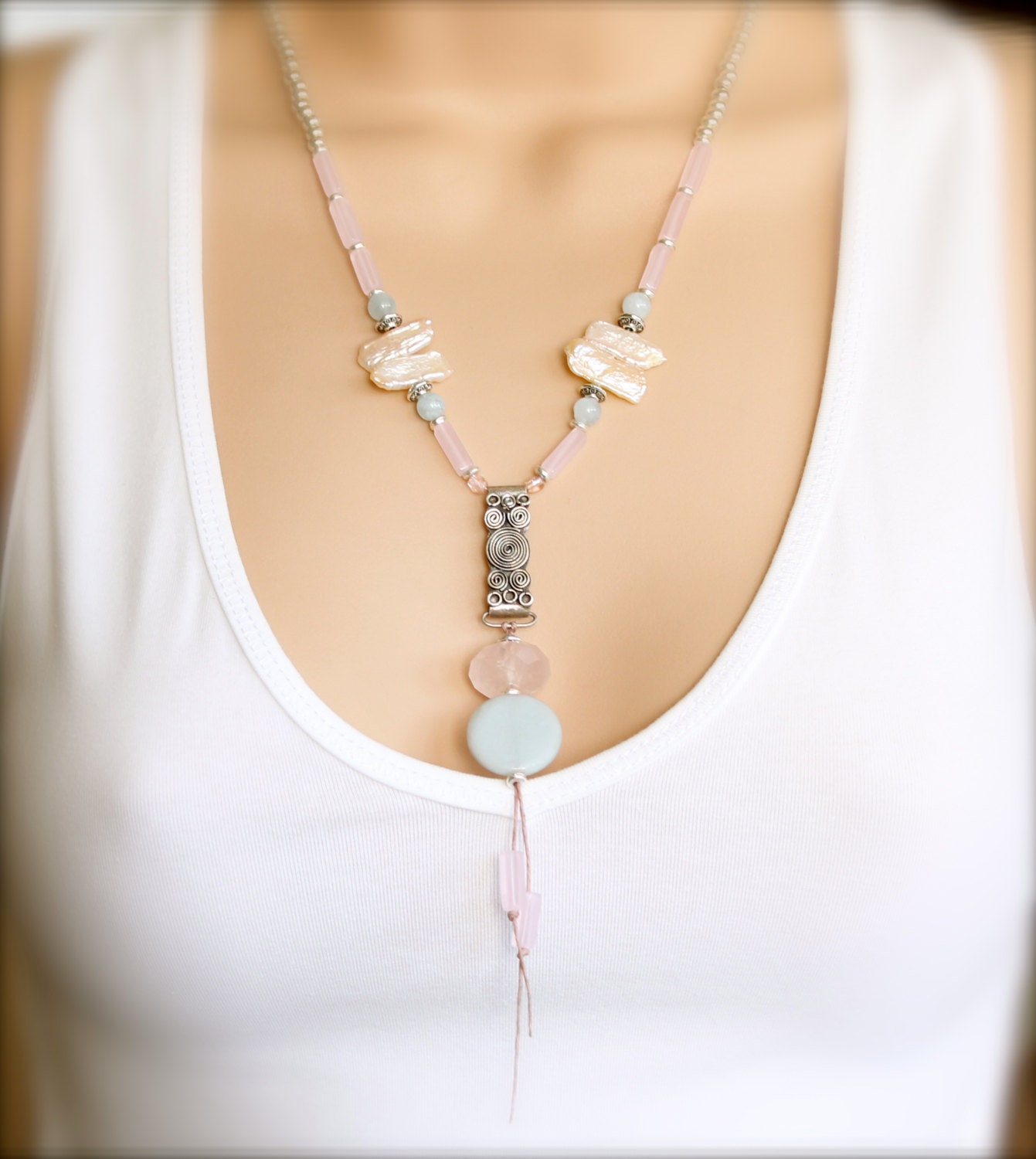Amazonite, Rose Quartz, Aquamarine -Gemstone Necklace -Pearl Pastel Spring Jewellery