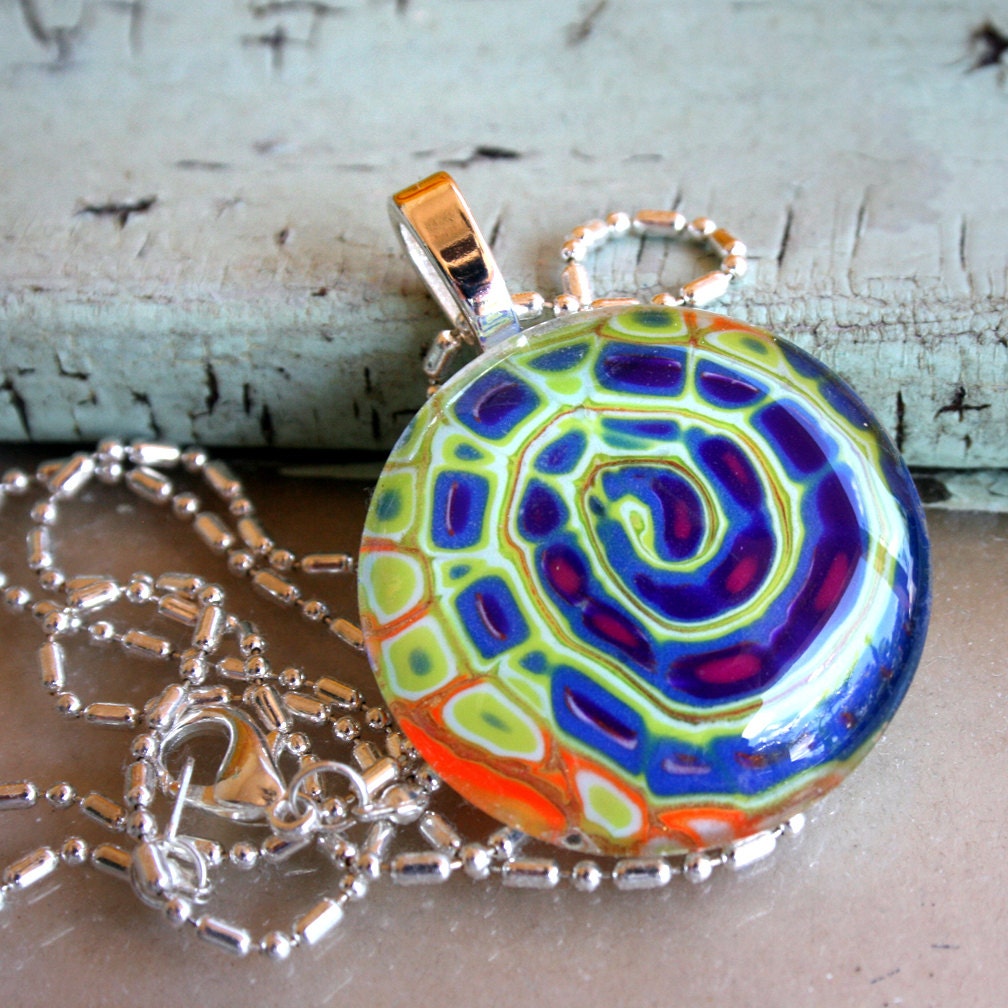 Deep Blue and Lime HypnoSwirl Polymer Clay Pendant under Glass Dome on Silver  Ball Chain - Teen Jewelry - Neon - Purple and Blue
