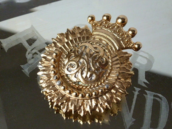 Ornate Vintage Royal Crest Pin Sunburst Crown Monogram