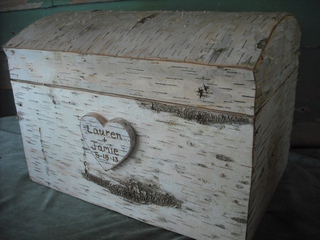 Handmade Birch Bark Treasure Chest card box, made with New Hampshire bark, for a rustic, nature, fairytail, woodland, outdoor weddings.