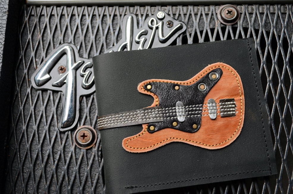 Limited Edition Men Wallet Fender Bass Guitar & Vintage Wood Color leather